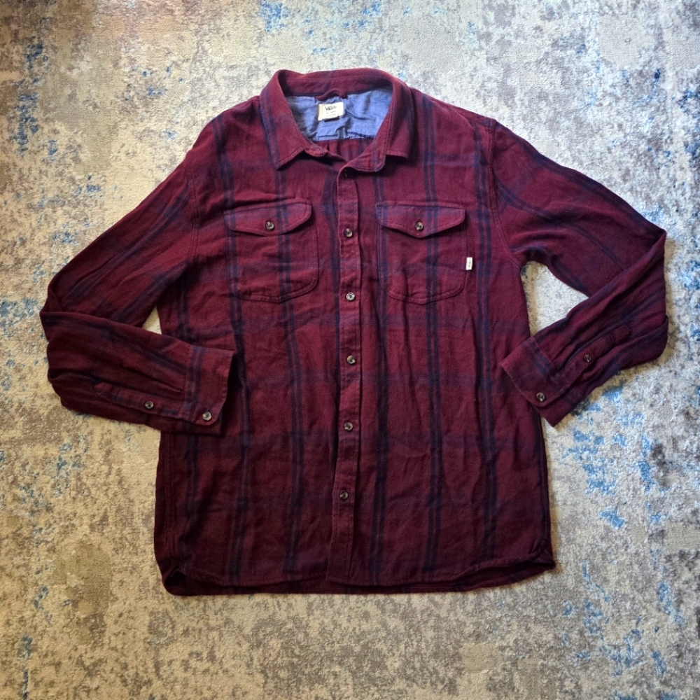 VANS Off The Wall Men's XXL 2XL Burgundy Navy Plaid Tailored Fit‎ Flannel Shirt
